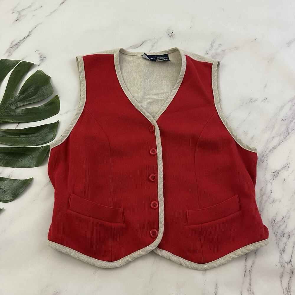 Liz Sport Womens Vintage 90s Vest Size L Red Tan Linen Blend Buttons Ribbed